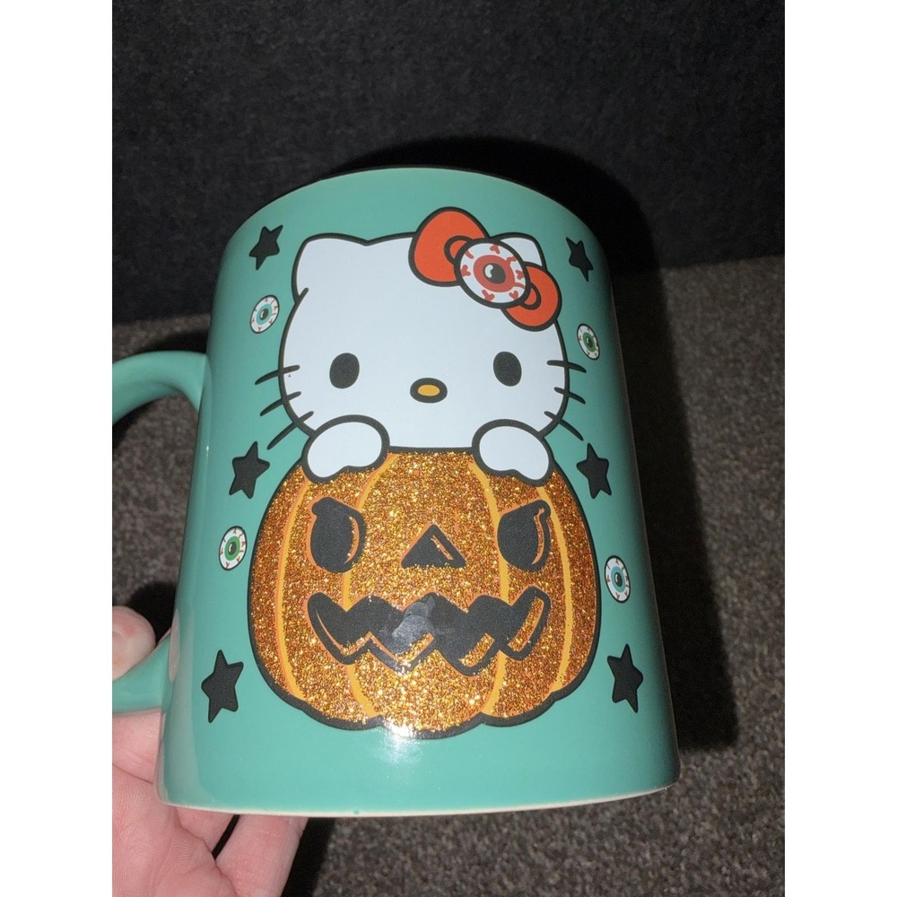 Hello Kitty Halloween Glitter Pumpkin Jack O Lantern Ceramic Teal Mug 20 Oz Eye - Picture 3 of 7